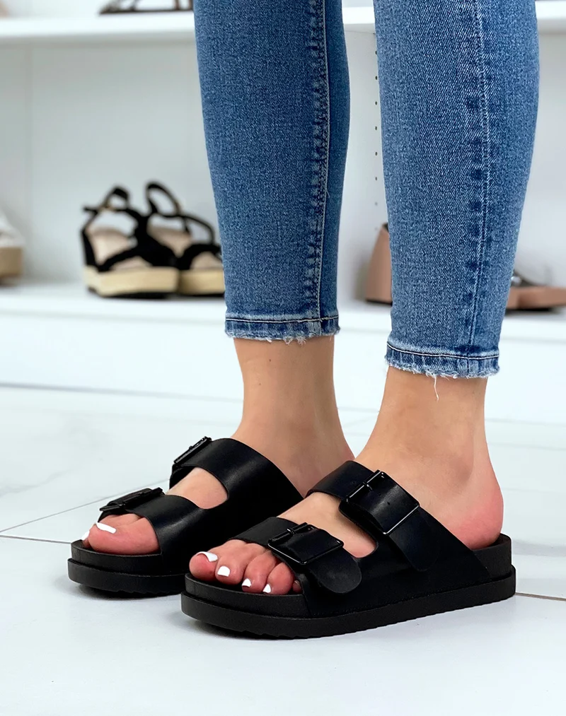 Mules noires à double brides avant