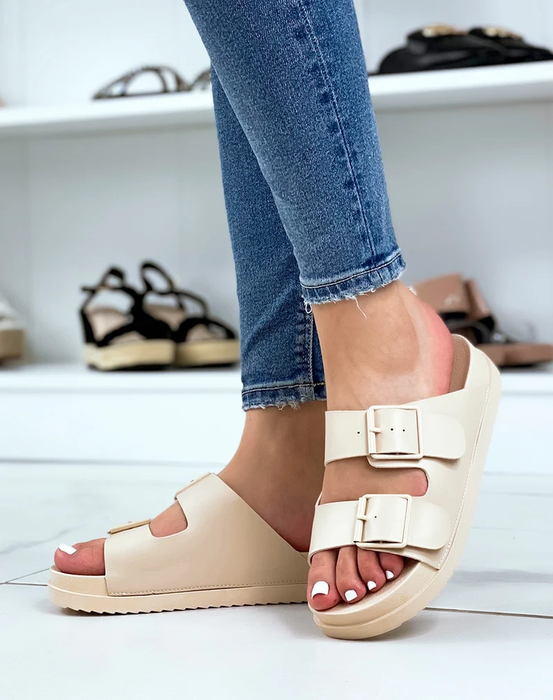 Mules beiges à double brides avant