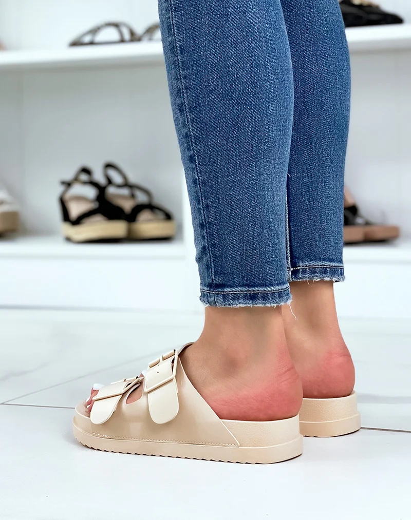 Mules beiges à double brides avant