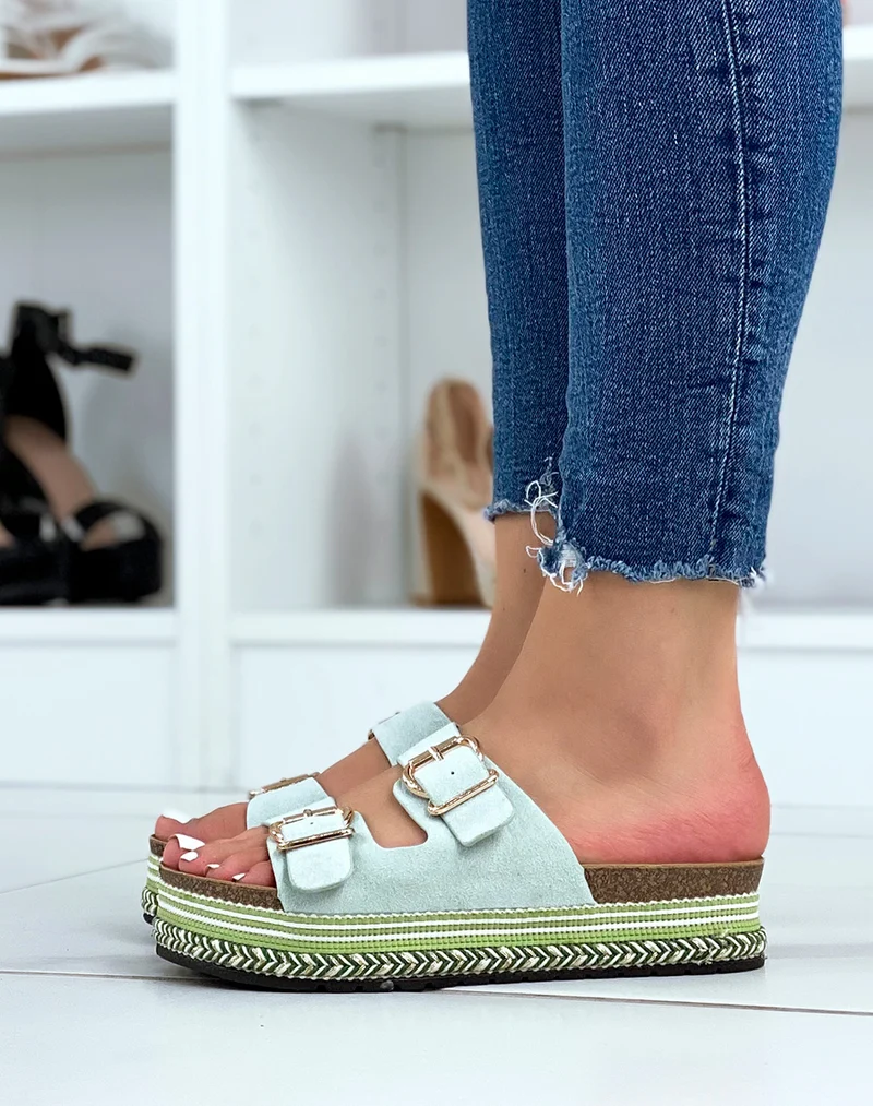 Mules plates vert d?eau ? double bride et semelle azt?que