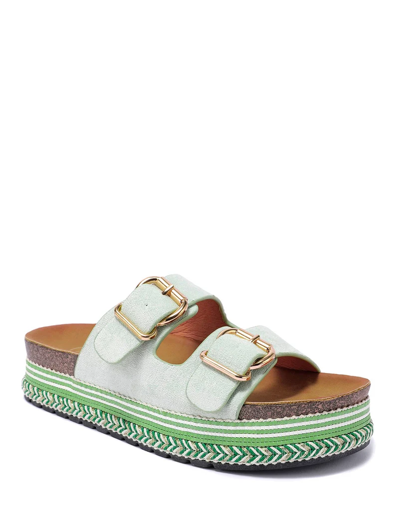 Mules plates vert d?eau ? double bride et semelle azt?que