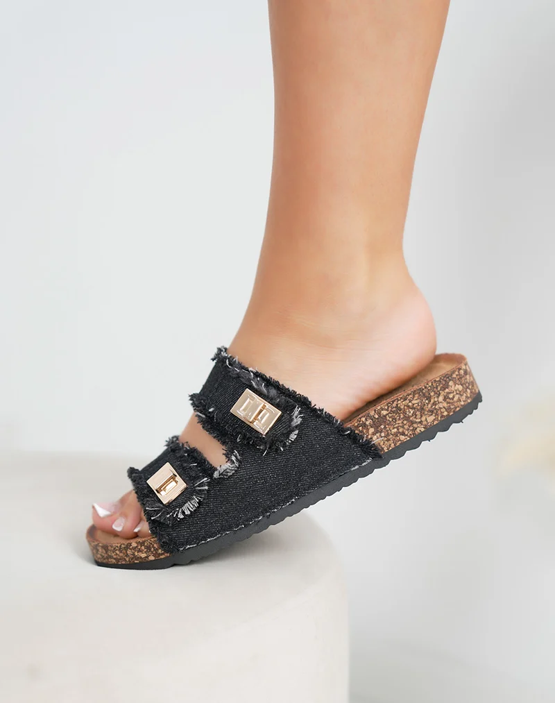 Mules femme noires effet jean déchiré avec boucles dorées et semelle marron