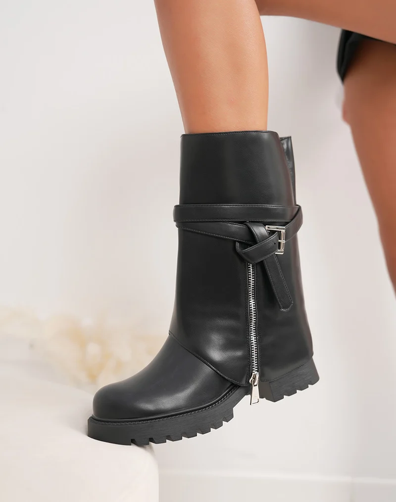 Bottines noires Chelsea fourrées à talon carré – Tige amovible avec lanières argentées