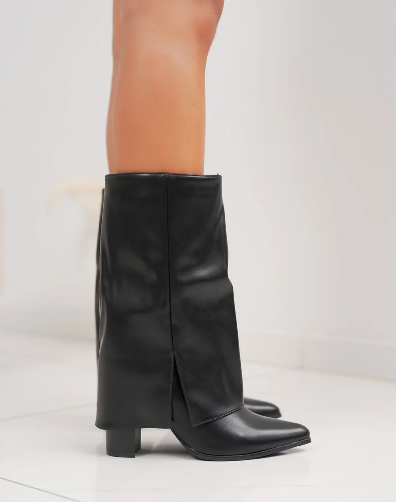 Bottines hautes noires à revers – Talon carré avec intérieur fourré