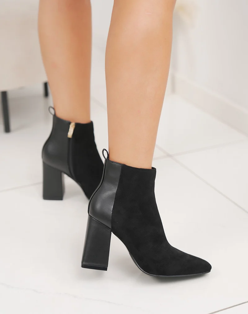 Bottines femme noires élégantes bi-matière à talon haut épais et bout pointu