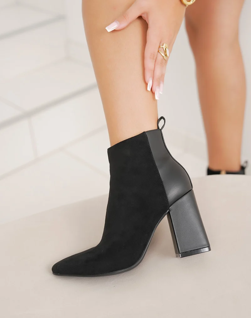 Bottines femme noires élégantes bi-matière à talon haut épais et bout pointu