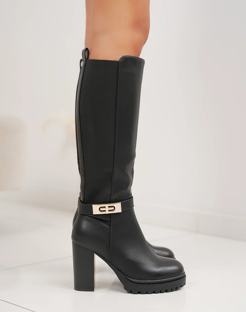 Bottes femme noires tendance à talon haut épais, semelle crantée et boucle dorée