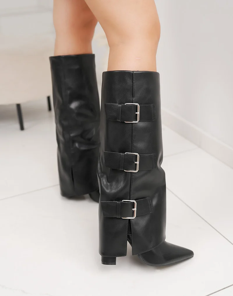 Bottes femme noires à revers avec triple lanière épaisse et talon haut