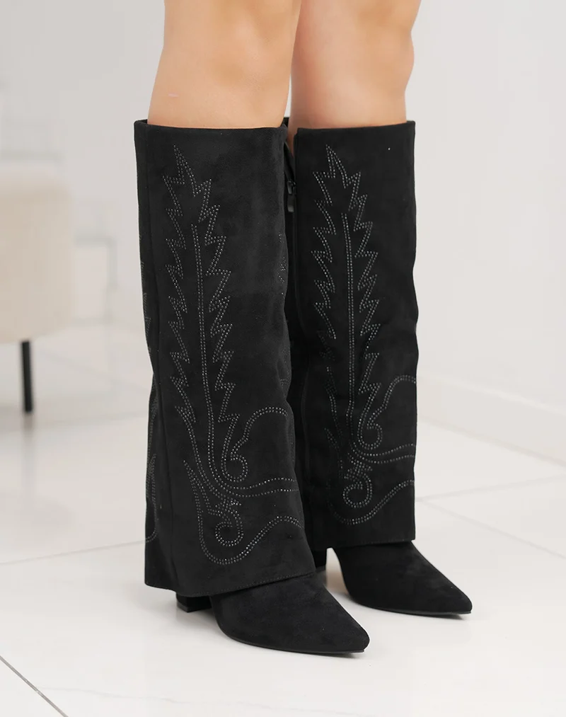 Bottes femme noires style santiags à strass élégantes et bout pointu