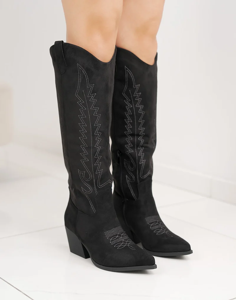 Bottes santiags femme noires en suédine avec broderies et talon de 7cm