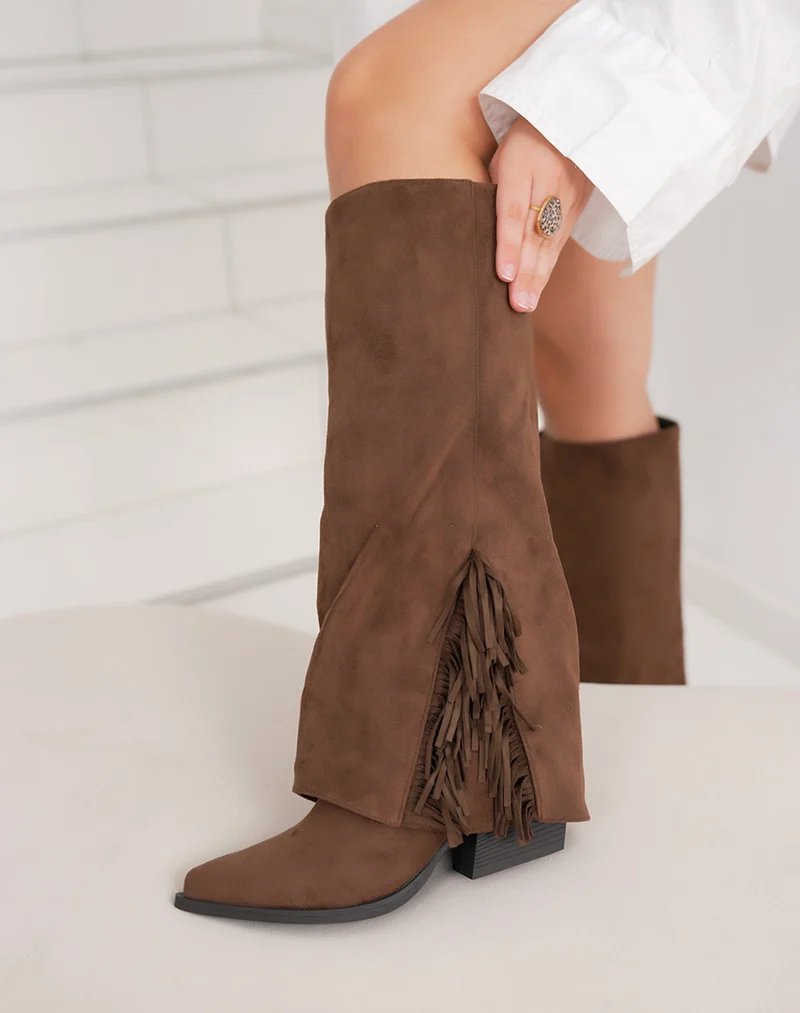 Bottes femme marron en suédine à franges et talon carré 6cm