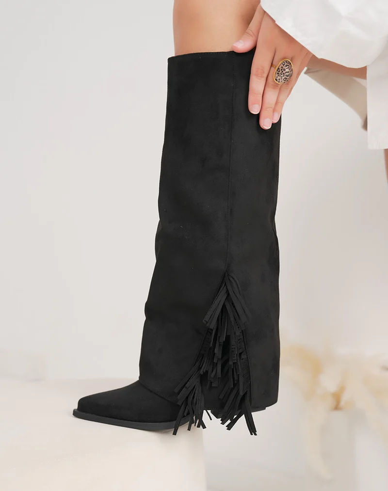 Bottes femme noires en suédine tendance à franges et talon carré 6cm