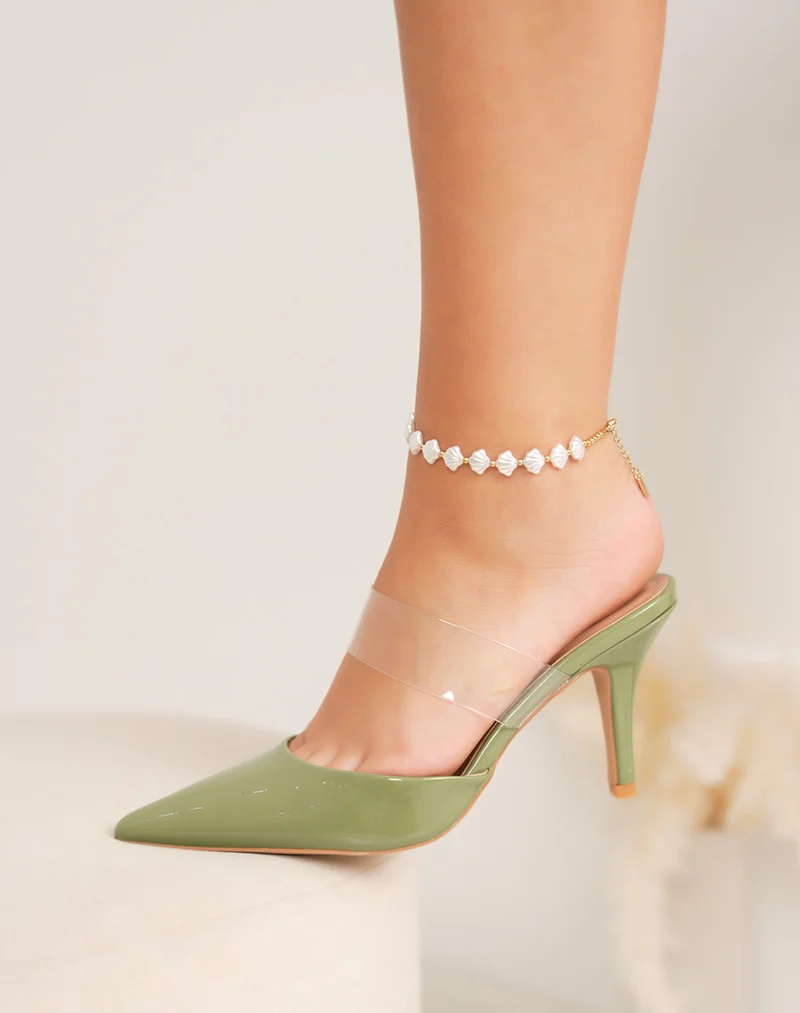 Escarpins femme verts à bout pointu – vernis tendance, lanière transparente et talon 10 cm