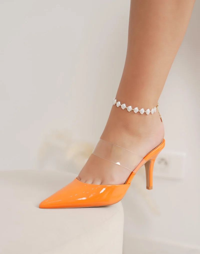 Escarpins femme orange à bout pointu – vernis brillant, lanière transparente