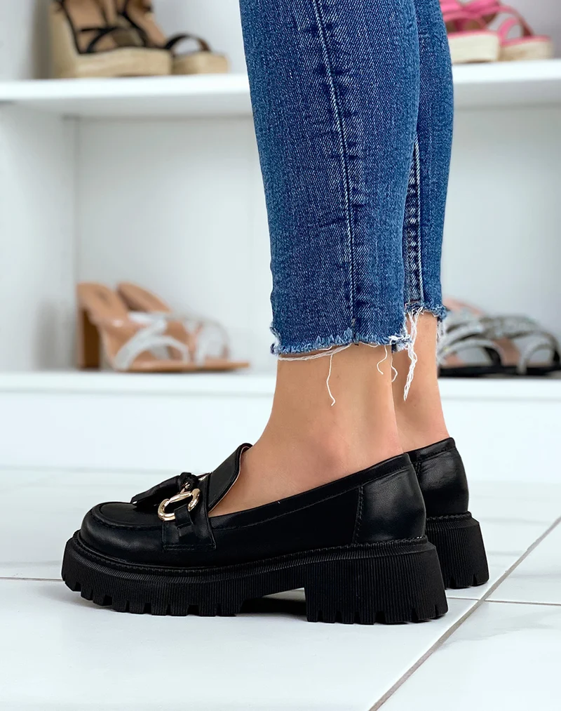 Mocassins noirs à franges et détail doré