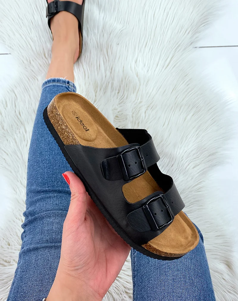 Sandales plates noires à doubles brides