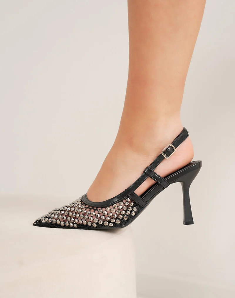 Escarpins femme noirs transparents à strass tendance et lanière arrière