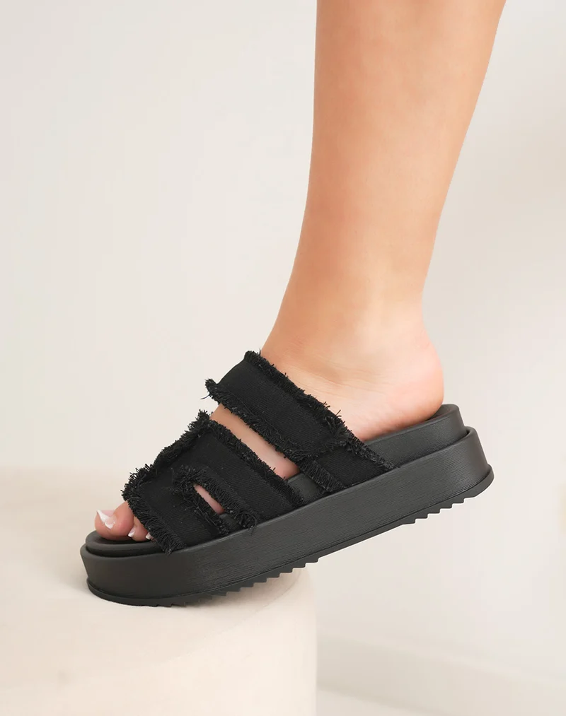 Mules femme noires en H effet jean déchiré avec semelle épaisse confortable