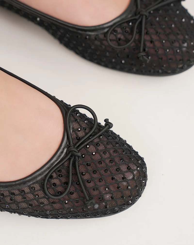 Ballerines femme noires transparentes élégantes à strass avec nœud et lanière fine