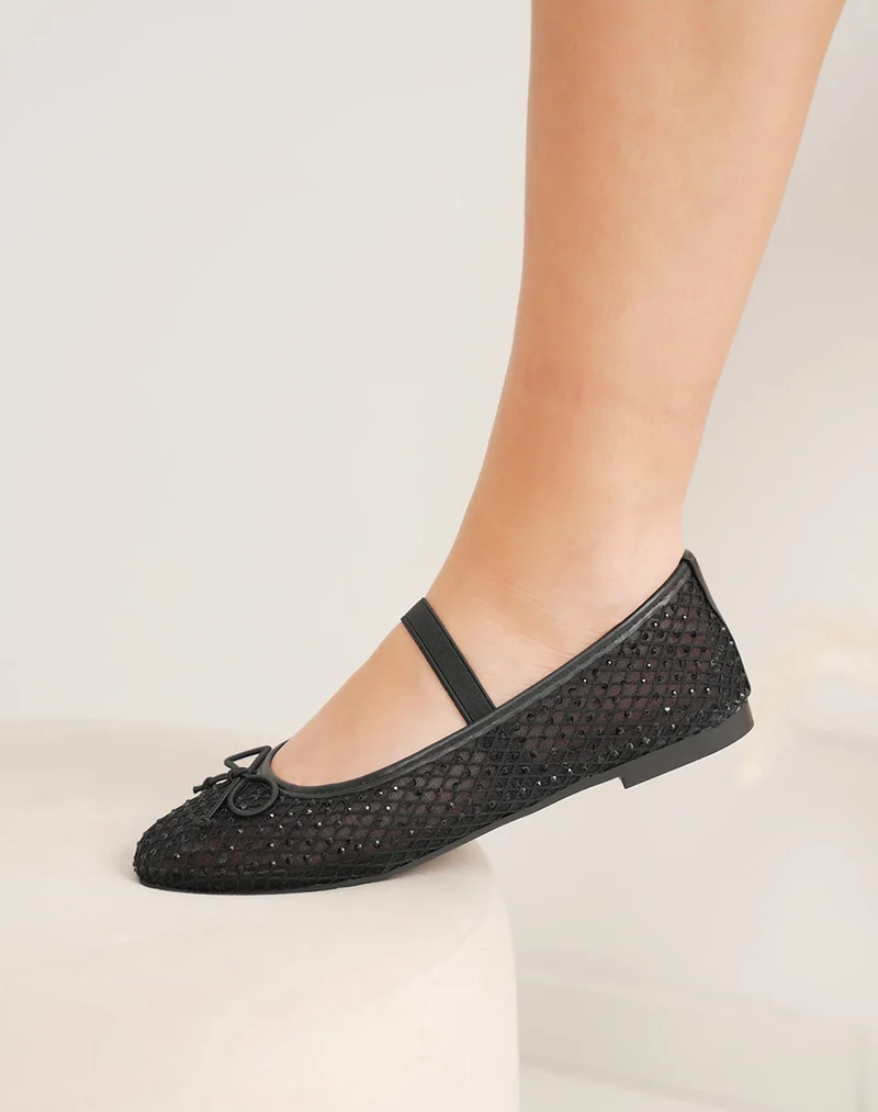 Ballerines femme noires transparentes élégantes à strass avec nœud et lanière fine