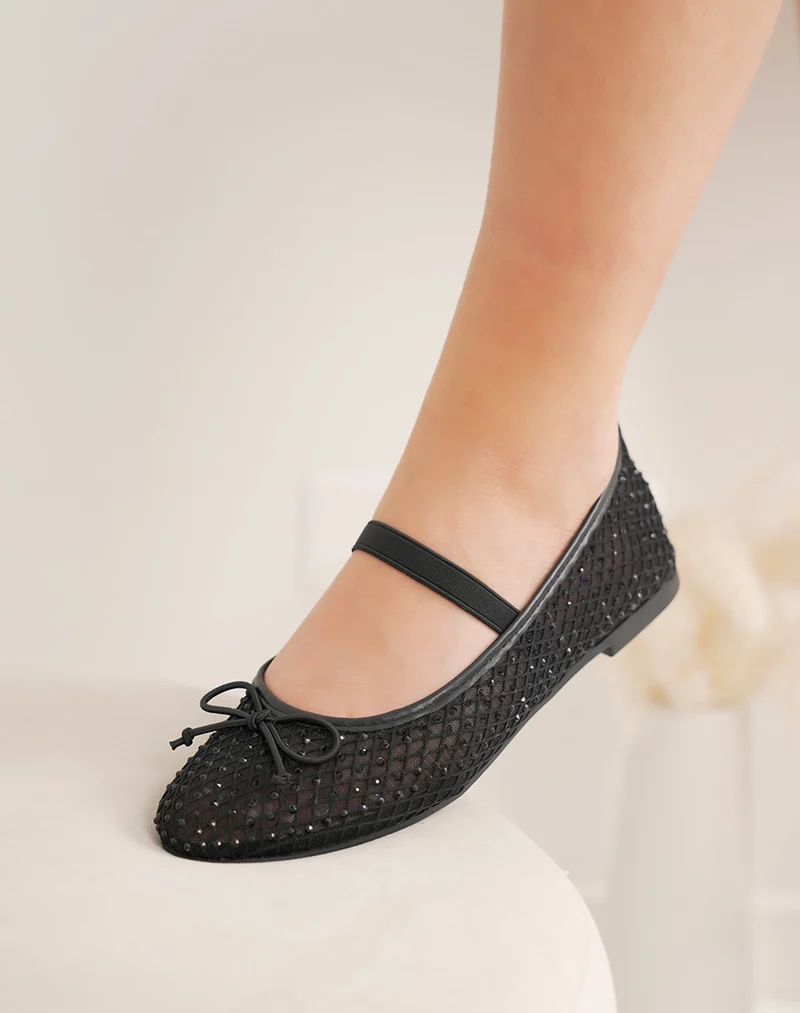 Ballerines femme noires transparentes élégantes à strass avec nœud et lanière fine