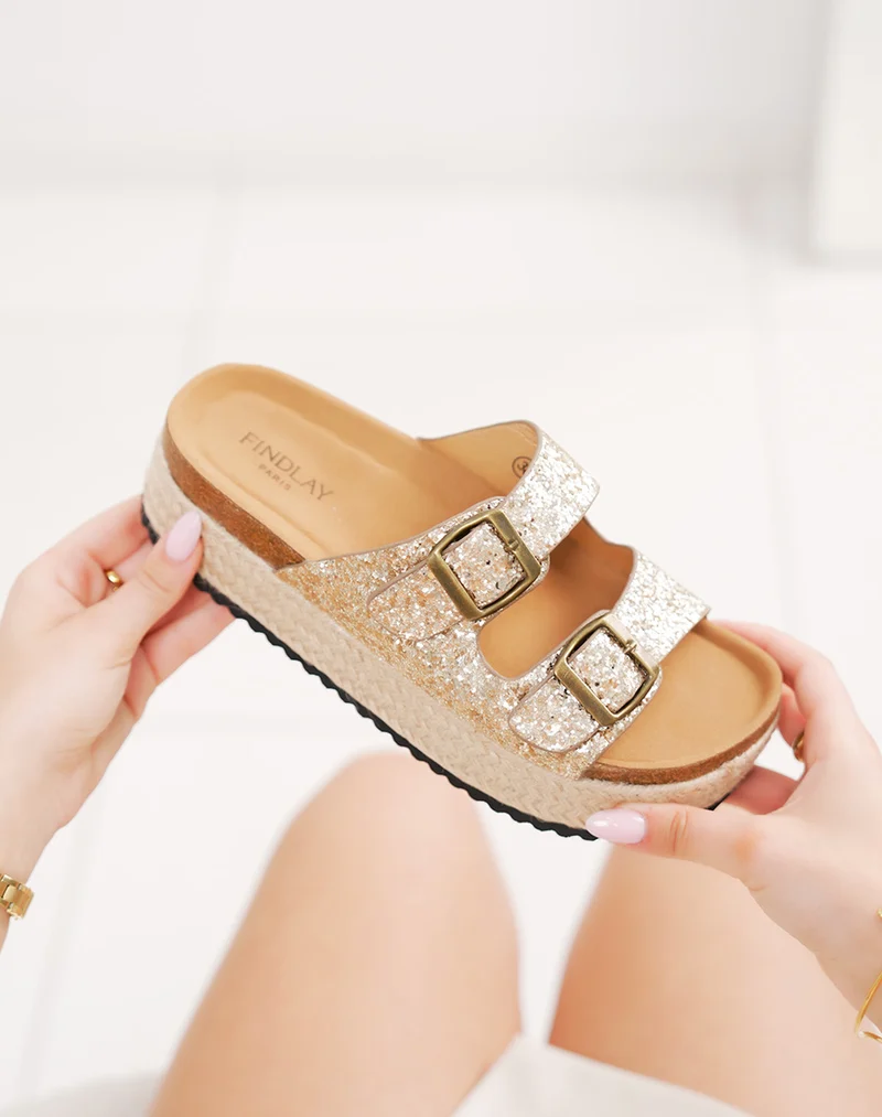 Mules femme dorées pailletées FINDLAY à double sangle avec plateforme tressée 4 cm