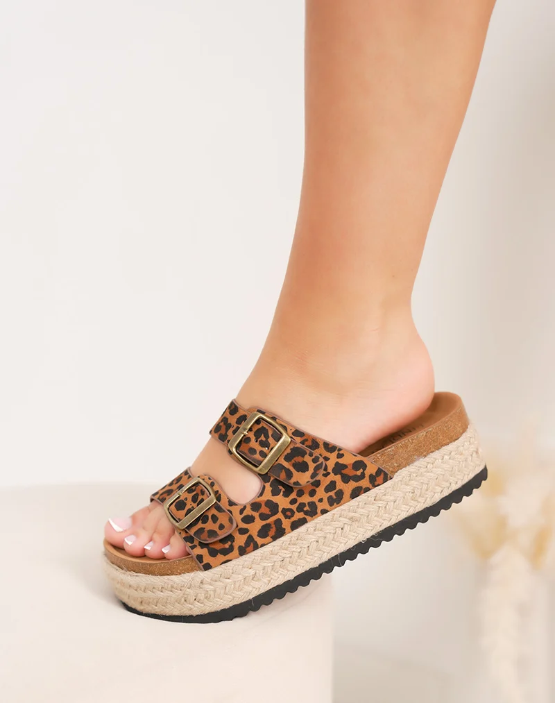 Mules femme léopard FINDLAY à double sangle avec plateforme tressée 4 cm