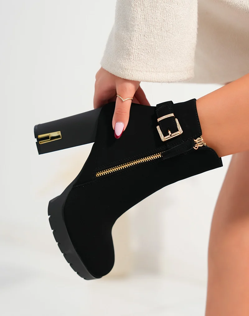 Bottines femme noires en suédine avec talon haut et détails dorés