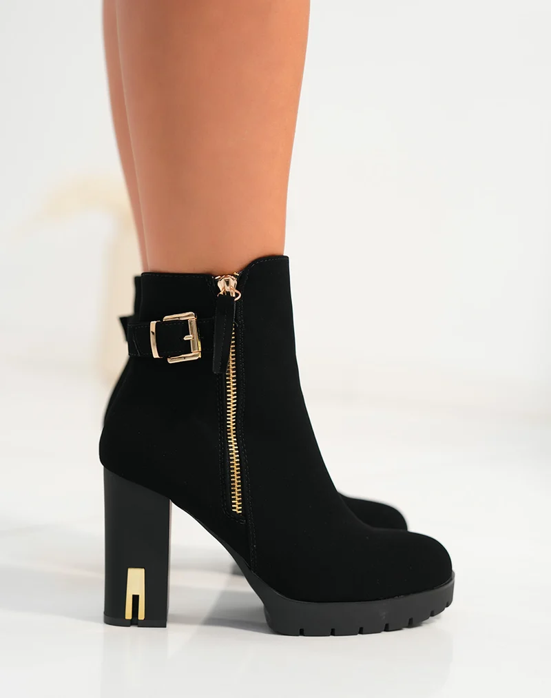 Bottines femme noires en suédine avec talon haut et détails dorés