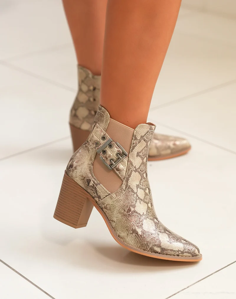 Bottines femme snake à talon avec sangles et détails argentés