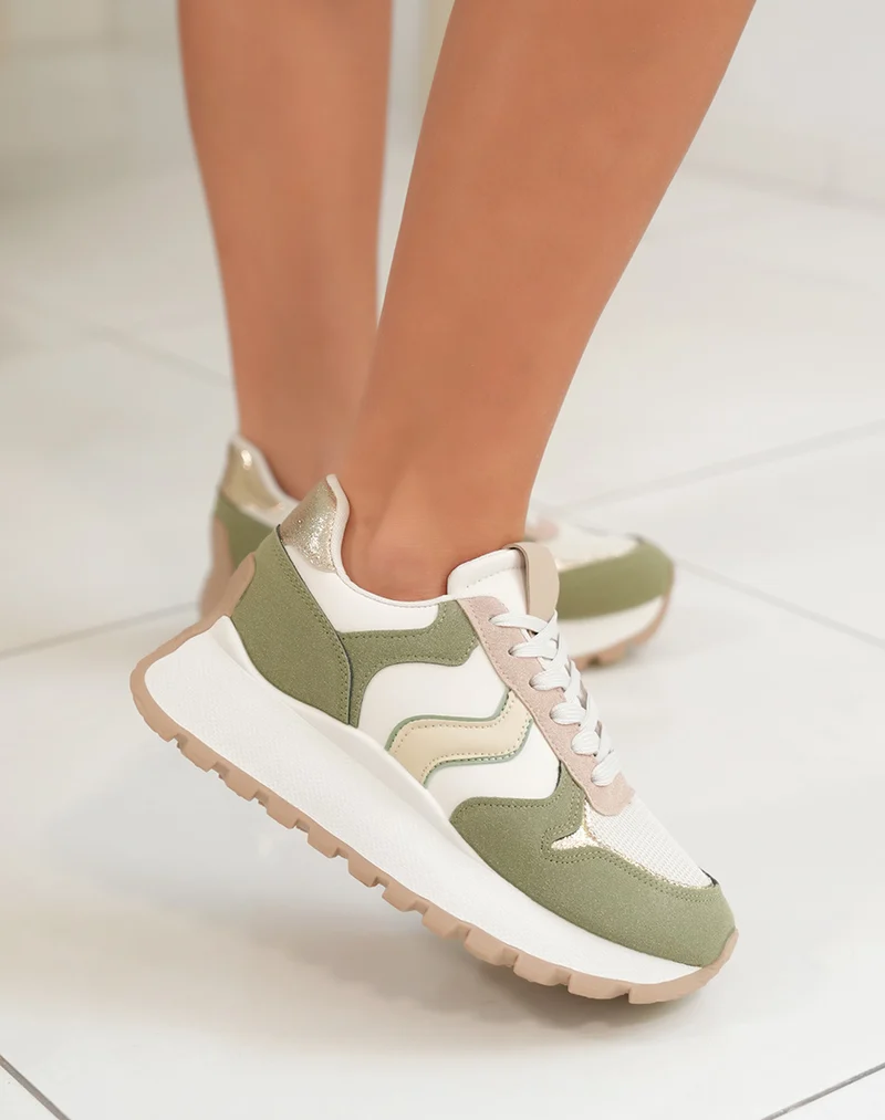 Basket femme à semelle épaisse avec empiècements verts taupe et dorés