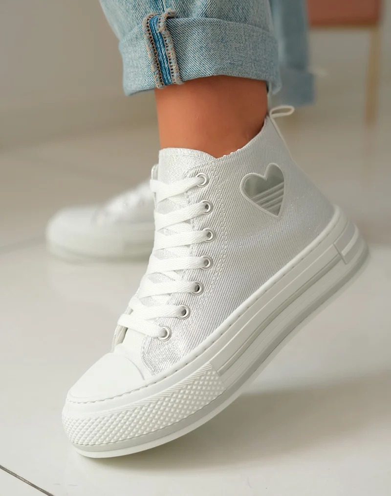 Baskets Montantes Blanches à Paillettes avec Coeur