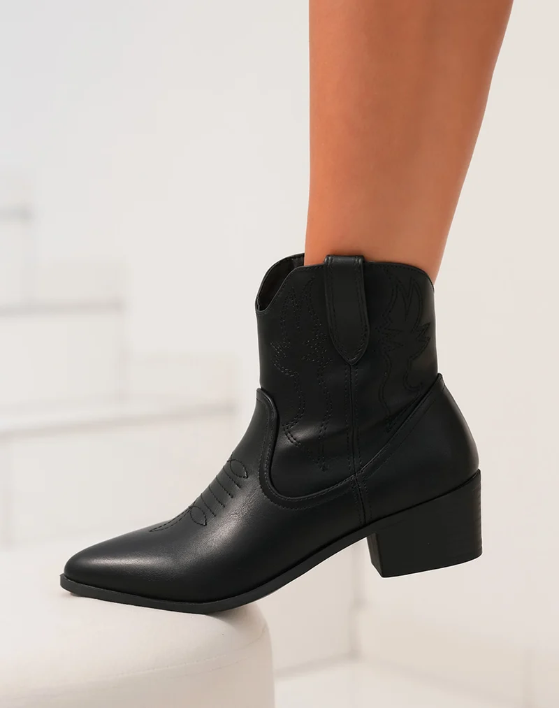 Bottines style santiag noires lisse pour femme