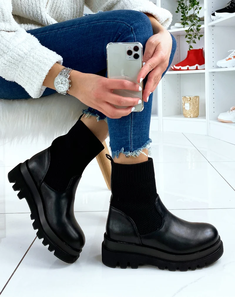 Bottines noires bi-matières chaussette