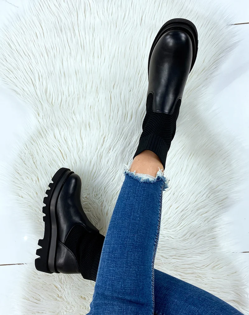 Bottines noires bi-matières chaussette