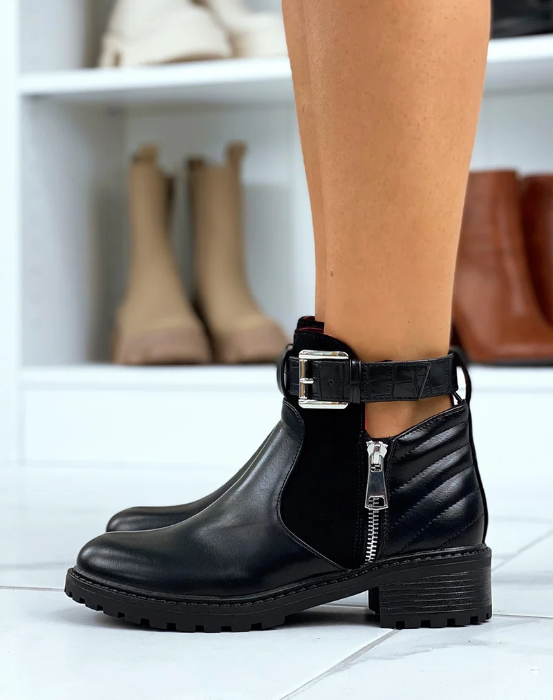 Bottines basses noires zipées à lanières