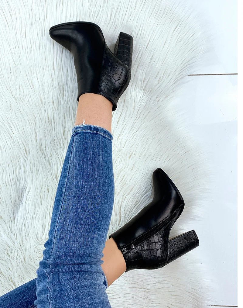 Bottines à talons et à bout pointu bi-matières effet croco