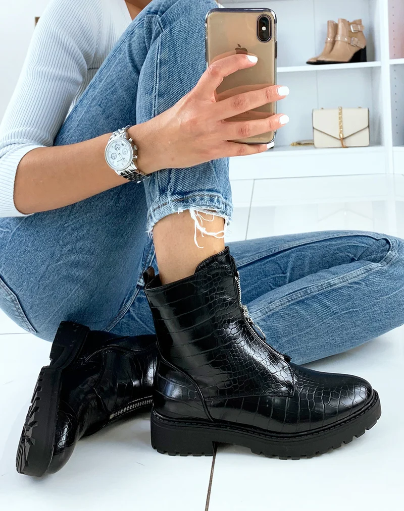 Bottines montantes effet croco noir à zip