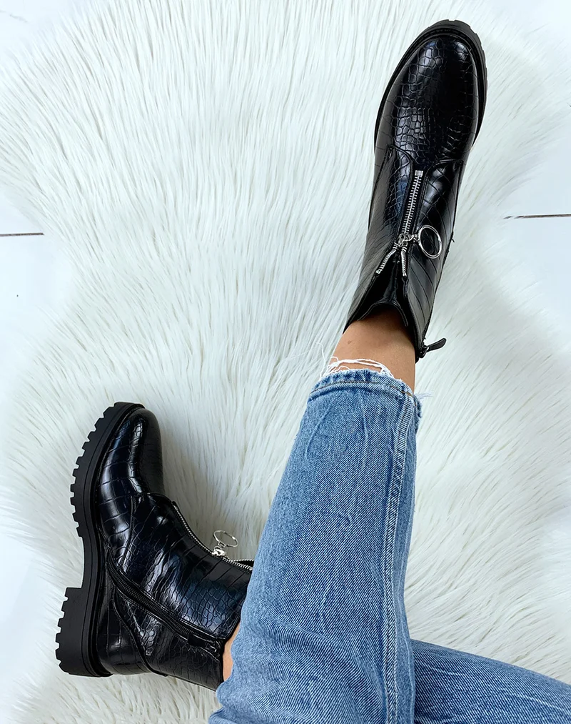 Bottines montantes effet croco noir à zip
