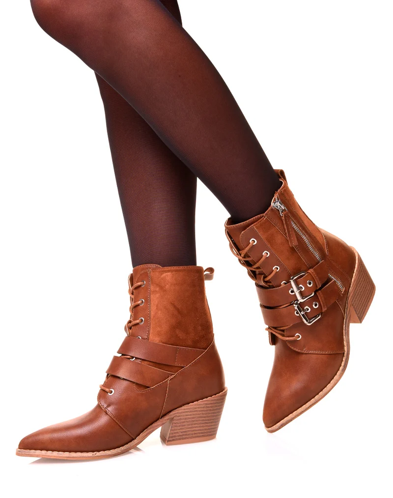 Bottines camel à lacets et à talons biseautés bi-matières
