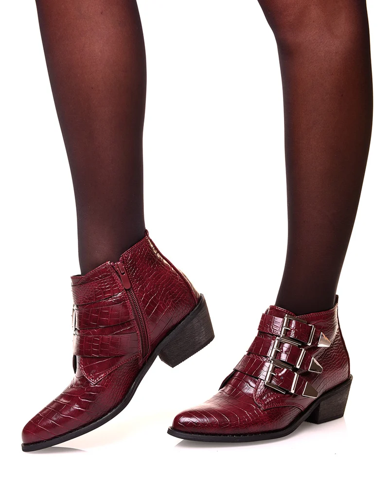 Santiags à talon bordeaux à multiple bride effet croco