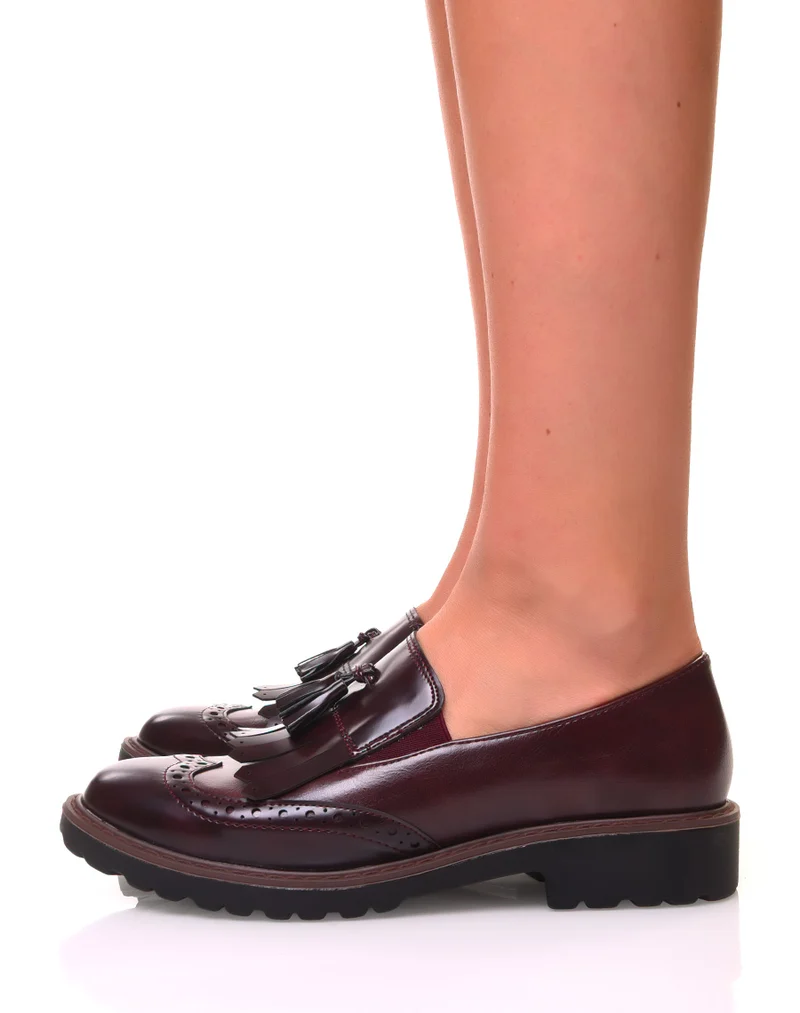 Mocassins bordeaux bi-matières à franges avec un pompom
