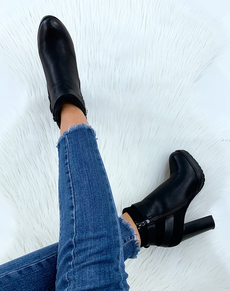 Bottines noires à talons bi-matières