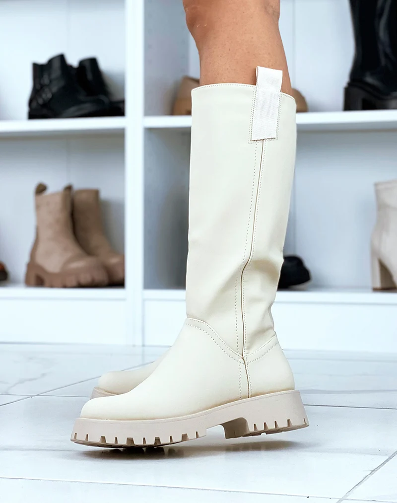 Bottes hautes beige gommé avec empiècement en tissu