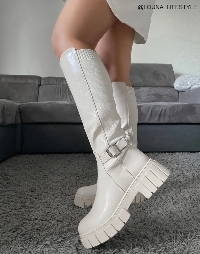 Bottes beiges bi-matière à lanière et semelle épaisse