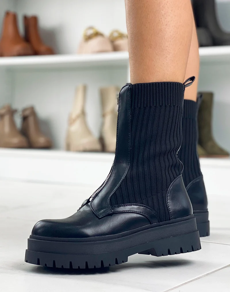 Bottines montantes noires bi-matière à zip argenté