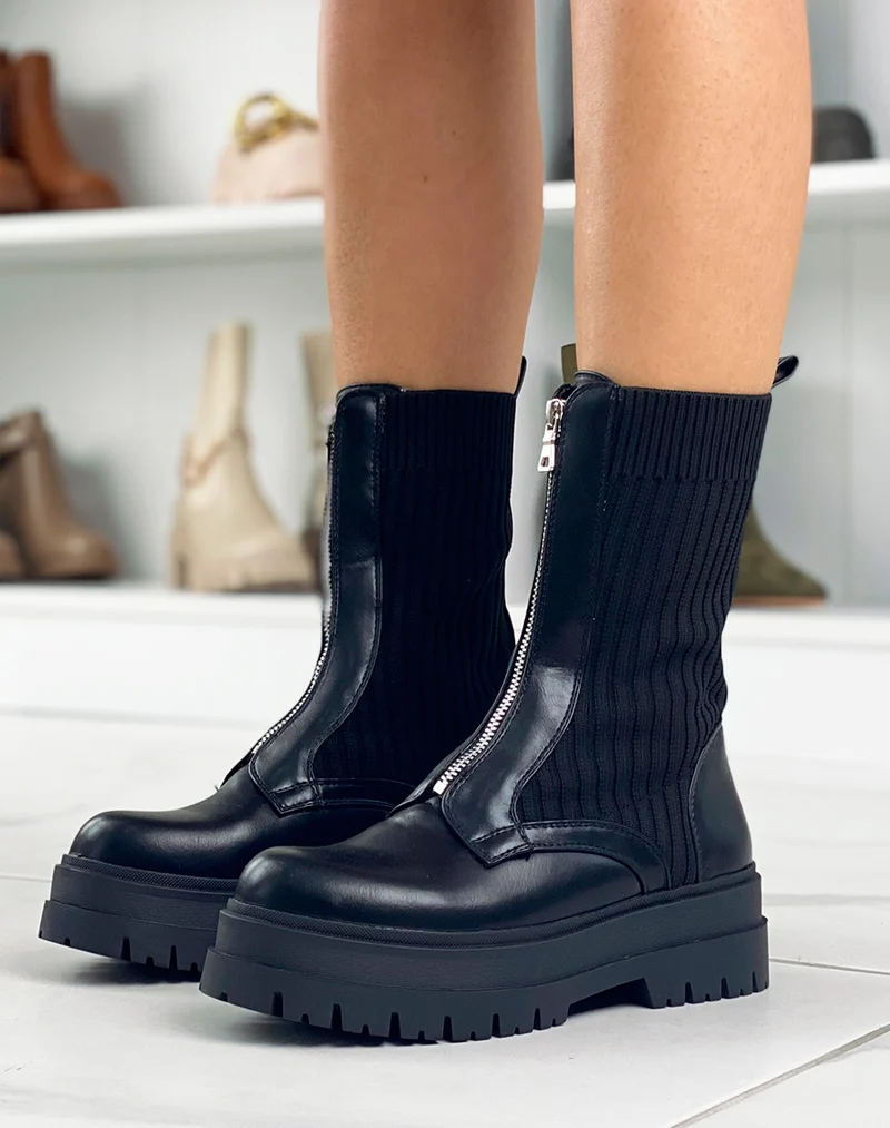 Bottines montantes noires bi-matière à zip argenté