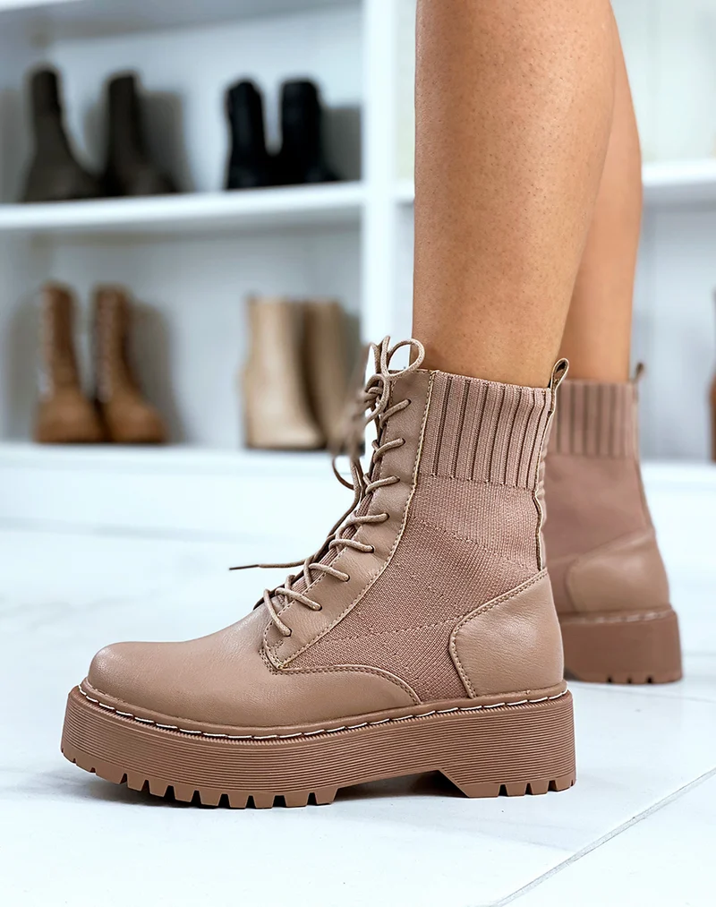 Bottines chaussettes marron clair à semelle épaisse