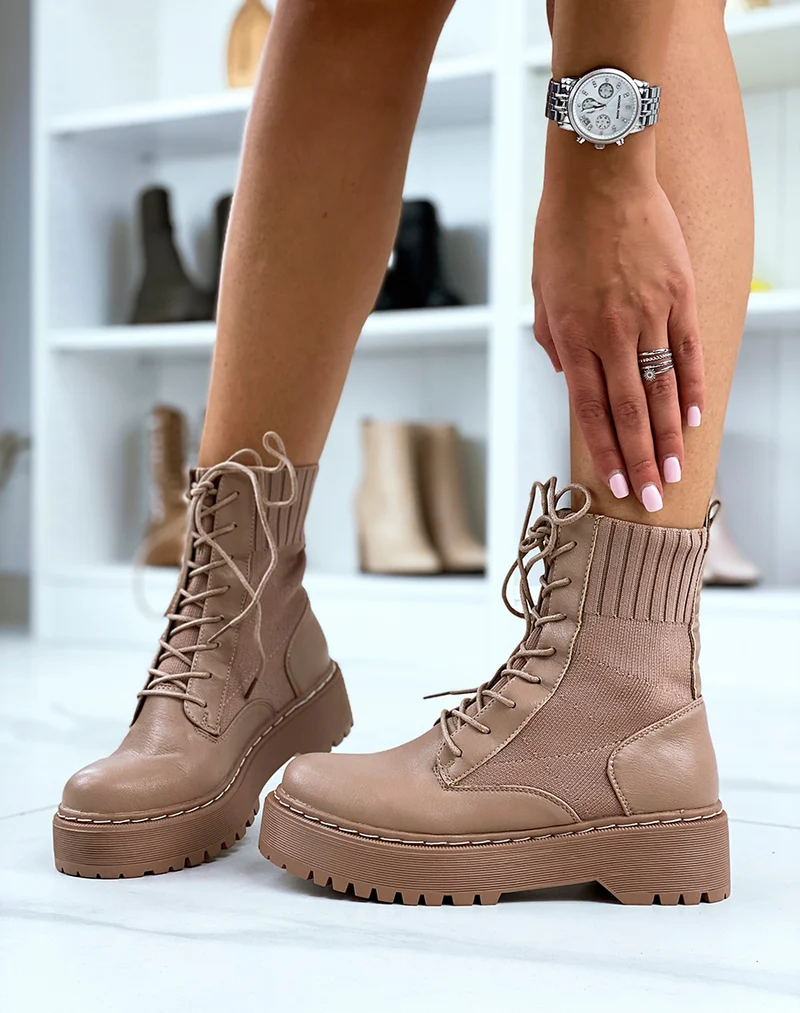 Bottines chaussettes marron clair à semelle épaisse