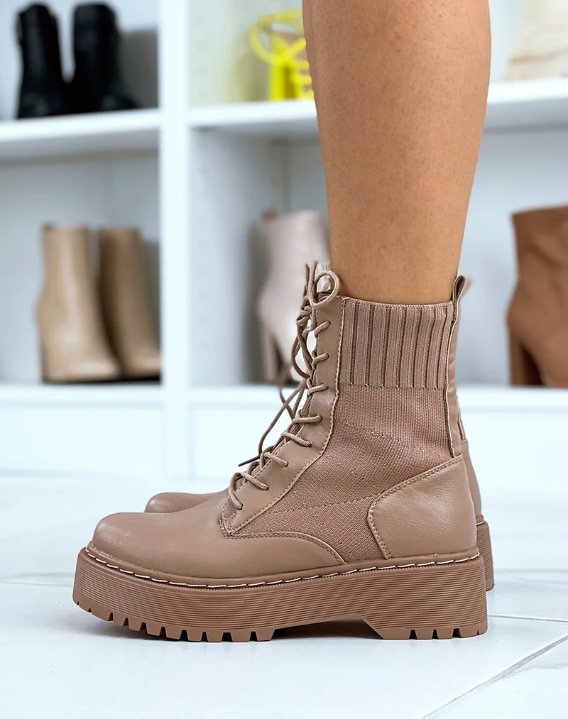 Bottines chaussettes marron clair à semelle épaisse